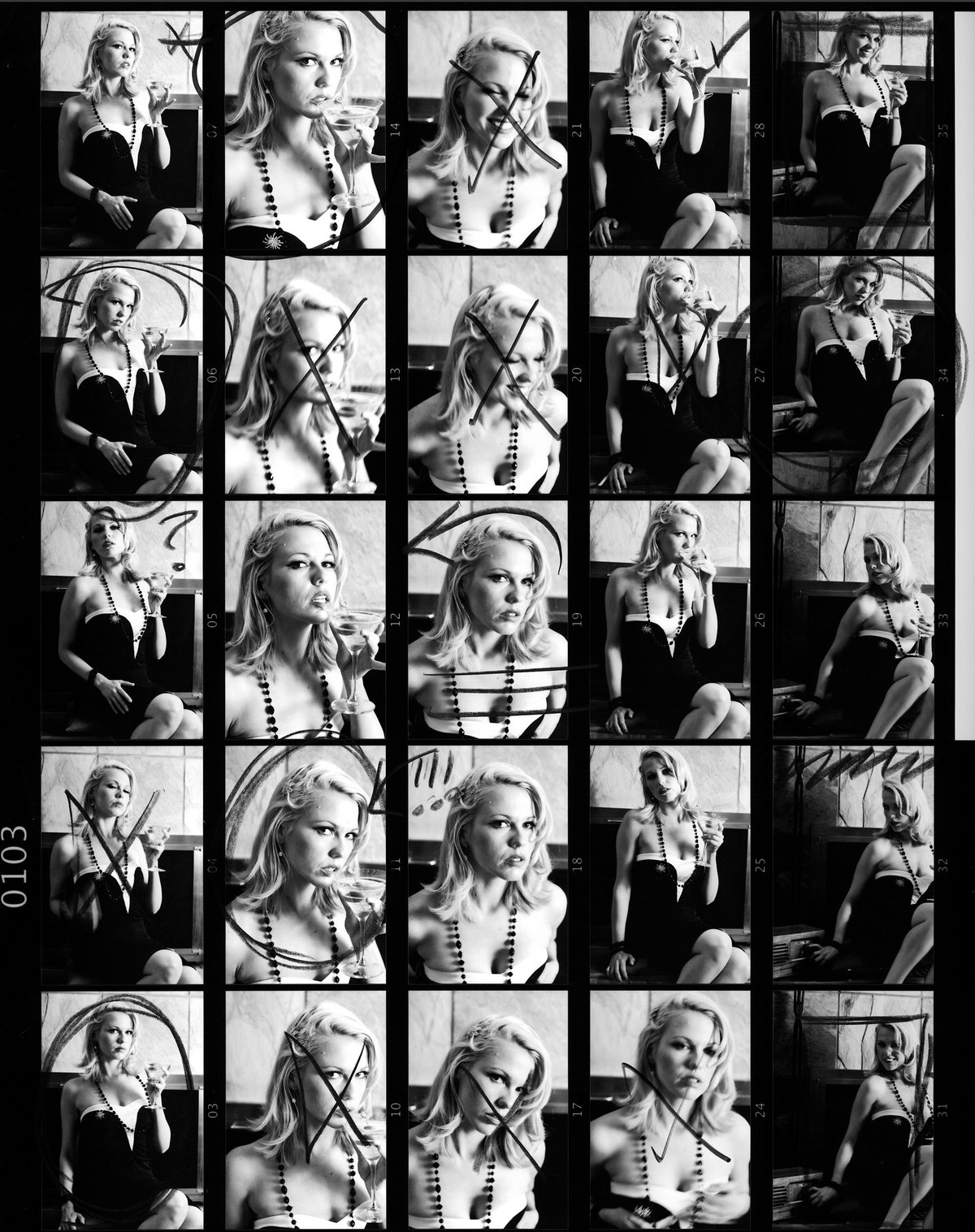 Contact sheet of black and white model photos, some crossed out